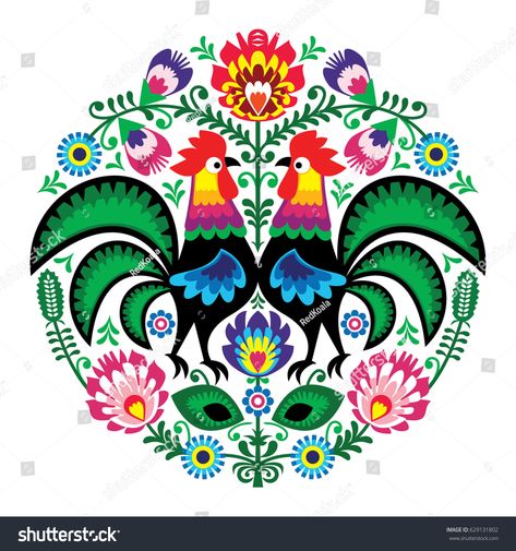 Polish folk art floral embroidery with roosters, traditional pattern - Wycinanki Lowickie #Ad , #spon, #floral#embroidery#art#Polish Rooster Vector, Folk Art Floral, Arte Folk, Polish Folk Art, Rooster Art, Polish Folk, Hungarian Embroidery, Folk Art Flowers, Folk Design