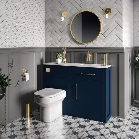 Sink Vanity Unit Small Bathroom, Blue Ensuite Bathroom Ideas, Small Bathroom Blue Vanity, Brass Bathroom Ideas, Navy Gold Bathroom, Gray And Blue Bathroom Ideas, Small Cloakroom, Cloakroom Ideas, Toilet And Sink Unit