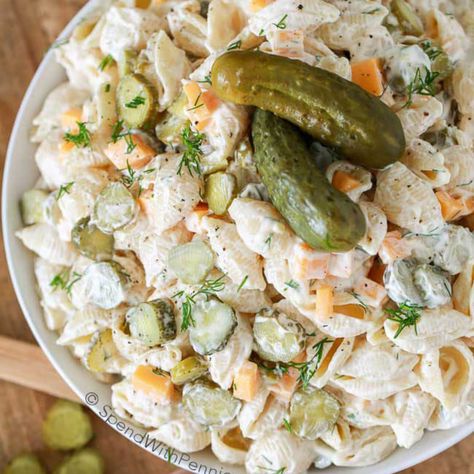 - Dill Pickle Lovers Pasta Salad Shell Pasta Salad, Dill Pickle Pasta Salad Recipe, Pickle Pasta Salad Recipe, Creamy Pasta Salad Recipe, Favorite Pasta Salad, Pickle Pasta Salad, Pickle Pasta, Cucumber Pasta Salad, Creamy Pasta Salad