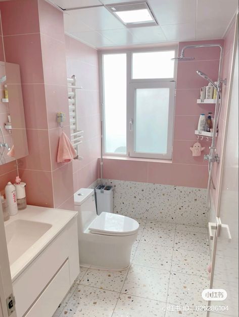 Aesthetic Washroom Ideas, Pink Pastel Bathroom, Kawaii Bathroom Decor, Pink Toilet Room, Bathroom Ideas For Women, Pastel Bathroom Aesthetic, Baby Pink Bathroom, Aesthetic Washroom, All Tile Bathroom