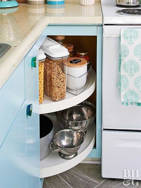 What Do You Put In A Lazy Susan Cabinet, Pearl Countertop, Aesthetic Home Design, Countertop Edges, Shelves Large, Awkward Corner, Smart Building, Fridge Shelves, Home Decor Aesthetic