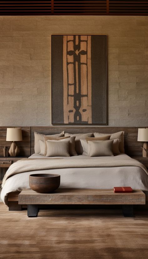 Therapinterior's luxury wabi-sabi bedroom design seamlessly blends opulent and rustic elements. Weathered wood, muted colors, and simple, elegant furnishings create a harmonious and serene atmosphere. This fusion of luxury and simplicity invites tranquility and rejuvenation. Wabi Sabi Headboard, Wabi Sabi Drawing, Wabi Sabi Wardrobe, Wabi Sabi Interior Bedrooms, Wabi Sabi Bedroom Design, Bedroom Wabi Sabi, Bedroom Wood Floor, Wabi Sabi Bedroom, Wabi Sabi House