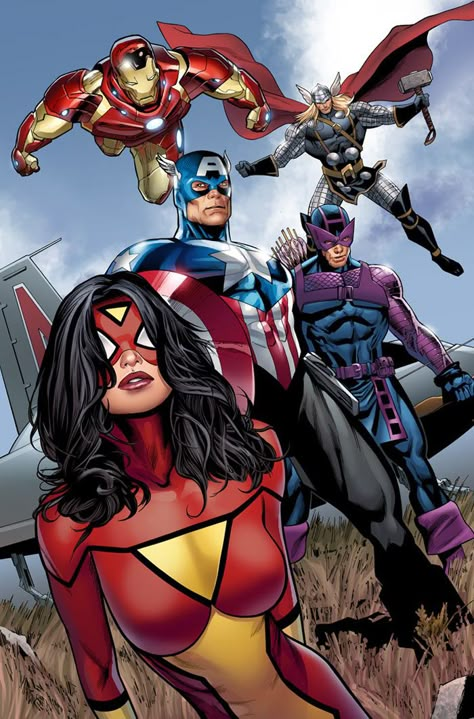 The Avengers and for those of you who don't know that Spider Woman yes she is part of the Avengers. Jade Nguyen, Batman Christian Bale, Univers Marvel, Avengers Comics, Dc Villains, Marvel Vs Dc, Spider Woman, Marvel Comics Art, Ms Marvel