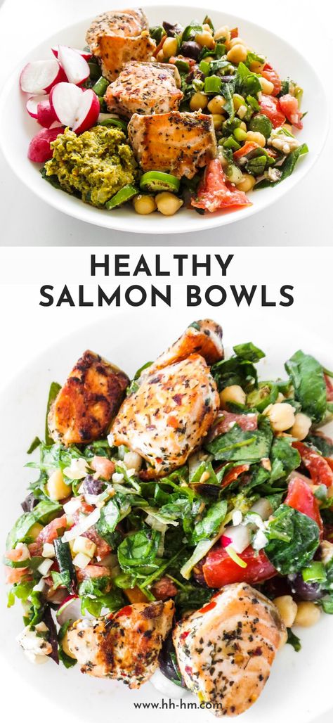 Healthy Salmon Bowls, Chickpea Salad Meal Prep, Mediterranean Diet Dinner, Bowls For Dinner, Hummus Avocado, Salmon Bowls, Health Lunches, Delicious Salmon Recipes, Diet Dinner