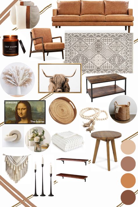 Modern rustic farm house feel. Brown aesthetic. Leather couch. Wooden tables. Cute cozy living. #aesthetic #interiordesign #modernfarmhousedecor #modern #rusticdecor #brown #cozyhome #cozydesign #amazonmusthaves Brown Leather Chairs Living Room, Cognac Couch Living Room Ideas Farmhouse, Brown Leather Couch Farmhouse, Brown Leather Living Room Ideas, Cognac Couch Living Room Ideas Modern, Camel Couch Living Room Ideas, Tan Couch Living Room Ideas, Roommate House, Cognac Leather Couch Living Rooms