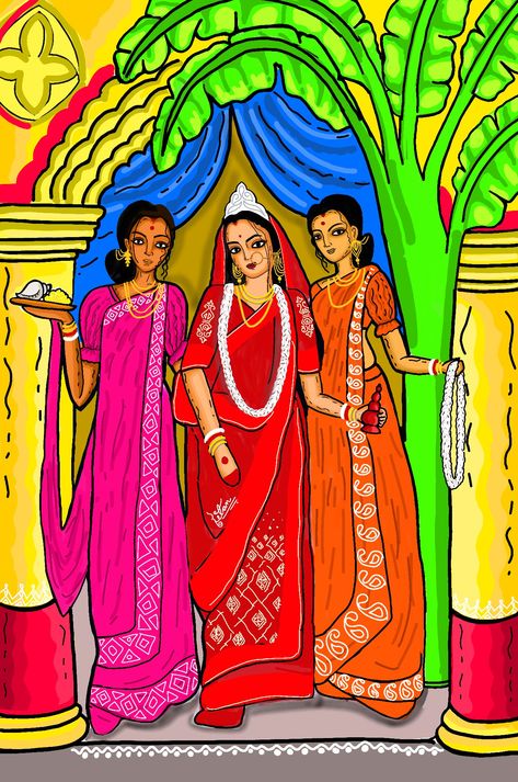 This photo is a depiction of authentic rural bengali marriage , women are in traditional bengali saree and jewellery. And the bengali architecture in the background makes it much more authentic .. Bengali Bride Painting, Bengali Architecture, Bengali Marriage, Nature Sketches Pencil, Bengal Art, Nature Sketches, Bride Art, Bengali Culture, Bengali Saree