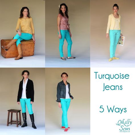 Melly Sews: Turquoise Jeans - Worn 5 Ways Turquoise Pants, Turquoise Jeans, Jeans Outfit Ideas, Melly Sews, Cozy Clothes, Jeans Outfit Fall, Bleu Turquoise, Jeans Outfit, Cozy Outfit