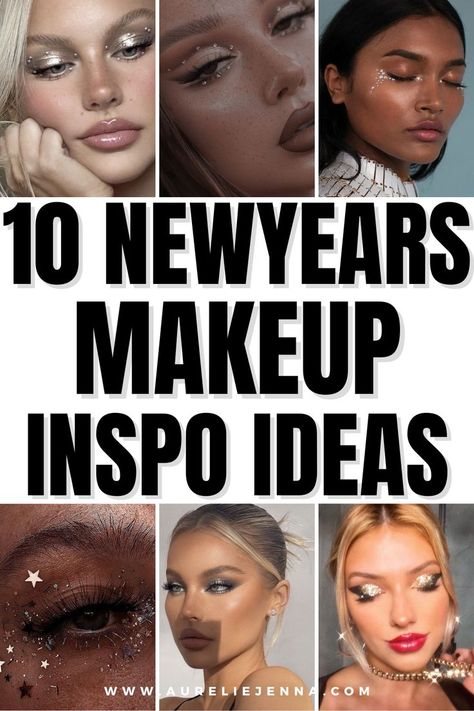 image shows 6 images of glam makeup looks with black text in the middle stating "10 new years makeup inspo ideas" Nye Eye Makeup Ideas, New Year’s Eve Makeup Ideas, Make Up For New Years Eve, Make Up For New Years, New Years Eve Makeup Ideas Glitter, Nye Eye Makeup Looks, New Years Eve Eye Makeup, Nye Eyeshadow, New Year’s Eve Makeup Look