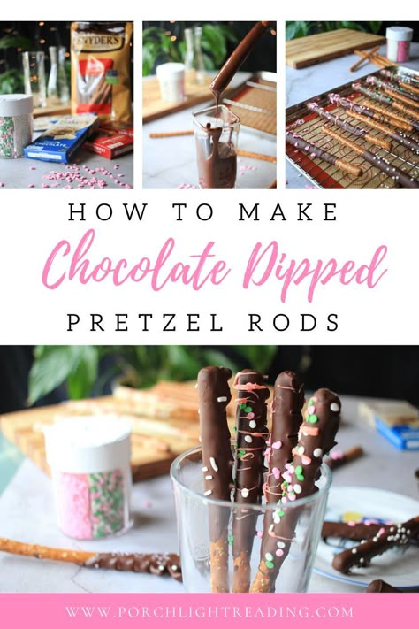 Shelf Stable Snacks, Easter Pretzel Rods, Pretzel Rods Recipe, Chocolate Pretzels Sticks, Chocolate Pretzels Recipe, Easter Pretzel, Chocolate Dip Recipe, Chocolate Covered Pretzel Sticks, Chocolate Pretzel Rods