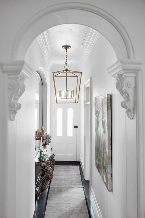 A Decade Long Renovation of Victorian Terrace in Sydney | Homes To Love Victorian Terrace House Interior, Sydney Homes, Victorian Hallway Ideas, Victorian Terrace Hallway, Sydney Terrace, Terrace Hallway, Arched Hallway, Terrace House Interior, Old House Renovation