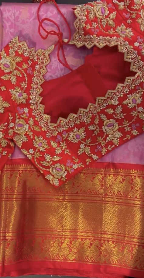 Pink And Red Pattu Saree, Red Bridal Blouse Designs, Bridal Maggam Work Blouses Latest, Thread Work Designs, Magam Work Blouses Latest, Marriage Blouses, Ghagra Design, Pink Blouse Design, Bandhani Blouse