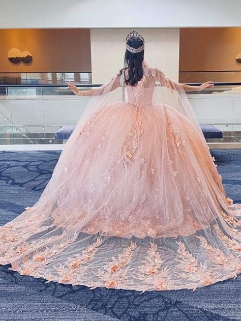 Floral Ballgown, Quinceanera Collection, Royal Train, Detachable Cape, Pink Quince, Mary's Bridal, Debutante Ball, Quinceanera Dresses Pink, Quince Dress