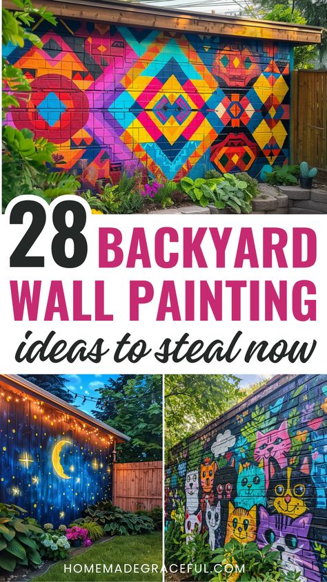 backyard wall painting ideas Painting Backyard Block Wall, Garden Fence Mural Ideas, Painted Retaining Wall Concrete Blocks, Mural On Metal Building, Paint Cinder Block Wall Outdoor Murals, Block Wall Covering Ideas Outdoor, Fence Mural Ideas Backyards Diy, Painted Brick Walls Outdoor, Outdoor Wall Mural Ideas