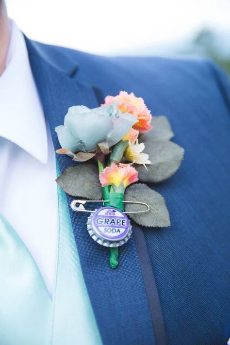 Disney Wedding Flowers, Up Wedding Theme, Up Wedding Invitations, Disney Up Wedding, Grape Soda Pin, Groom Squad, Groom's Boutonniere, Wedding Guest Table, Wedding Disney