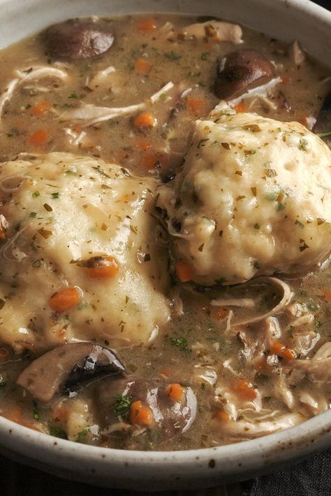 Savory chicken stew topped with fluffy herb dumplings. Chicken And Herb Dumplings, Irish Chicken And Dumplings, Herb Dumplings Recipe, King Arthur Flour Recipes, Savoury Pies, King Arthur Baking, Pie Shop, Dumplings Recipe, King Food