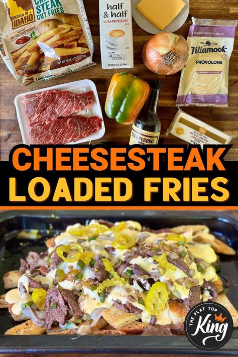 These cheesesteak fries are one of our favorite griddle recipes to make - if you love loaded french fries and Philly cheesesteak, then you've got to try this easy Blackstone griddle recipe - or make these yummy cheese steak fries in a skillet! Cheese Steak Fries, Cheesesteak Fries, Loaded French Fries, French Fry Recipe, Black Stone Recipes, Black Stone Grill, Philly Cheesesteaks, Frozen Steak, Sauteed Peppers And Onions