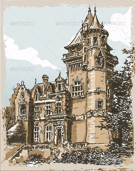 Vintage Hand Drawn Old Castle in Belgium Old Castle Drawing, Castle Sketch, Old Magic, Hyperrealistic Drawing, Vintage Castle, Italian Castle, Castle Drawing, Old Castle, Architecture Background