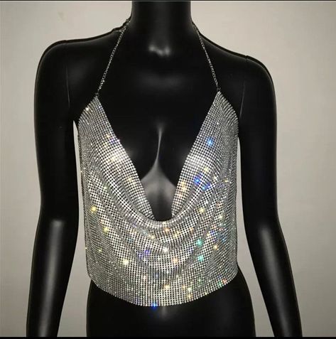 Metal Tank Top, Party Crop Tops, Metal Tank, Tank Top Pattern, Crop Top Women, Rhinestone Top, Chain Dress, Backless Crop Top, Chic Party