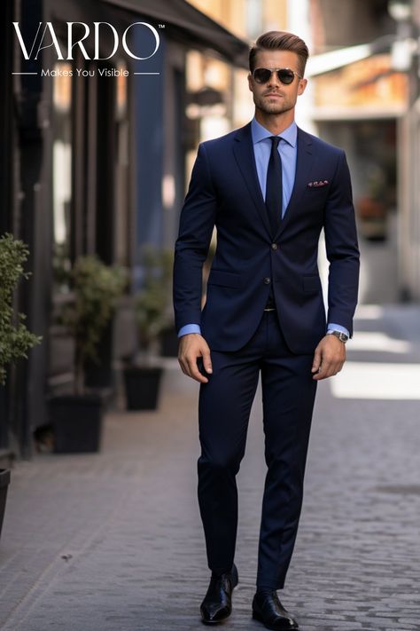 Navy Blue Suit Men Business, Navy Blue Suit Styles For Men, Blue Suit Styles For Men, Navy Blue 2 Piece Suit Men, Navy Blue Men Suit Outfit, Men Wedding Outfit Blue, All Blue Suit, Mens Navy Suits, 2 Button Suit Men