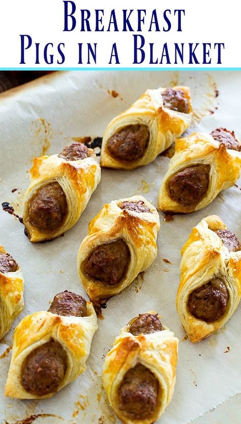 Breakfast Pigs in a Blanket made with breakfast sausage and puff pastry. Sausage In Pastry, Breakfast Sausage Pigs In A Blanket, Brunch Potluck Ideas, Breakfast Pigs In A Blanket, Pigs In The Blanket, Pastry Dinner, Sausage Appetizers, Pastry Puff, Brunch Foods