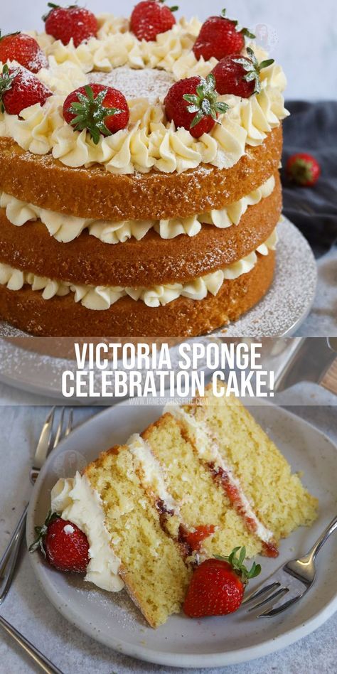 A delicious classic bake - a Victoria sponge. Soft & light cakes, strawberry jam, vanilla buttercream & fresh strawberries! Strawberry Celebration Cake, Victorian Sponge Cake Recipe, Jane Patisserie, Victorian Sponge, Mini Victoria Sponge Cakes, Birthday Cake Buttercream, Cakes Strawberry, Cake Recipes Uk, Grandma Cake