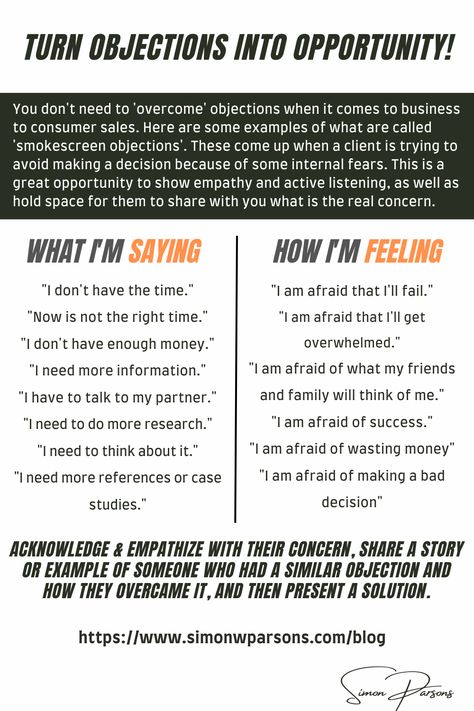 You don't need to 'handle' or 'overcome' objections, in fact you can turn them into opportunities by empathizing and holding space for your clients. Often times in B2C high ticket sales the client may have deeper internal objections that do not have anything to do with you or your offer, they are afraid of failure, judgement or not getting results. You can hold space for them, share a story and guide them through this. Overcoming Objections Sales Tips, High Ticket Sales, Handling Objections In Sales, Objection Handling, Sales Motivation, Holding Space, Ticket Sales, Sales Techniques, Social Media Management Tools