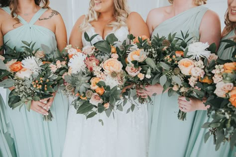 Dusty Sage And Peach Wedding, Wedding Flowers With Sage Dresses, Sage And Apricot Wedding, Peach And Sage Wedding Colors, Peach And Sage Wedding Flowers, Sage Peach And Cream Wedding, Sage And Coral Wedding, Sage Peach Wedding, Sage And Orange Wedding