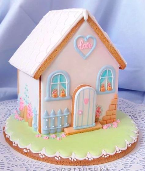 Easter Cookie House, Pastel Gingerbread House, Easter Gingerbread House, Pink Gingerbread, Cake House, Gingerbread Village, Cookie House, House Cake, Candy House