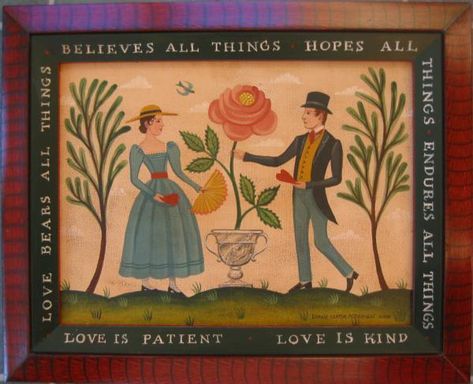 Mexican Folk Art Painting Vintage, American Folk Art Painting, Mexican Folk Art Painting, Primitive Painting, Love Is Patient Love Is Kind, Love Bears All Things, Arte Folk, Antique Folk Art, Apple Art