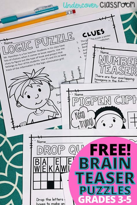 Read about 9 reasons why you should use brain teaser puzzles in your upper elementary classroom and download this FREE puzzle sampler that includes 5 puzzles for students in grades 3-5: a logic puzzle, number teaser, pigpen cypher, drop quote, and an emoji puzzle. Elementary Brain Teasers, Logic Puzzles For Kids, Emoji Puzzle, Collaborative Classroom, Kid Logic, Brain Teasers For Kids, Logic Puzzle, Brain Puzzles, Free Puzzles