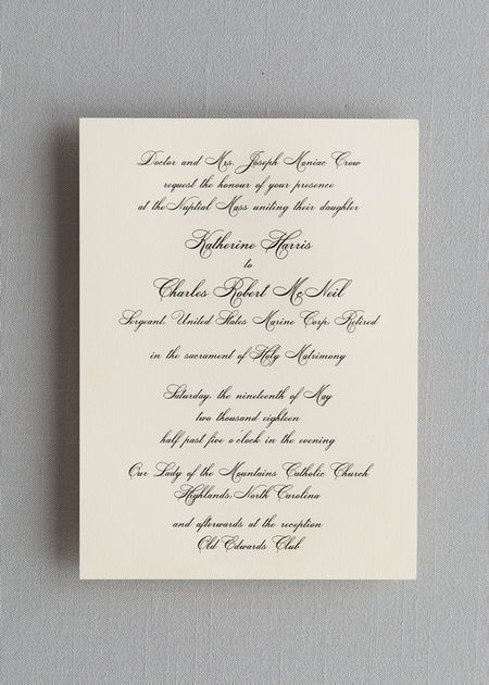 Looking for an elegant and timeless invitation? The Cathedral Suite is one of our most popular designs because of its timeless style. It is suitable for any type of wedding, but is most commonly used in a traditional church ceremony.  We recommend engraving or thermography for this style of invitation on a smooth ivory stock. Embellish this suite with rounded corners, adding an embossed motif at the top (like a cross) or a delicate tissue envelope liner. #TraditionalInvitation Ceremony Stationary, Catholic Wedding Invitations, Catholic Wedding Traditions, Traditional Invitation, Traditional Wedding Invitations, Circle Labels, Catholic Wedding, Letterpress Invitations, Foil Invitations