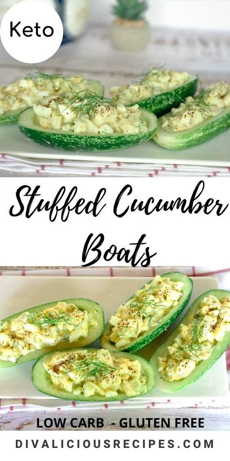 Refreshing cucumber boats are stuffed with a creamy egg salad for a low carb summer appetizer or snack. #cucumber #keto #lowcarb #glutenfree #summer #paleo #vegetarian Egg Salad Cucumber Boats, Cucumber Boats Recipes, Cucumber Keto, Stuffed Cucumber Bites, Snack Cucumber, Creamy Egg Salad, Cucumber Boats, Cucumber Snacks, Paleo Vegetarian