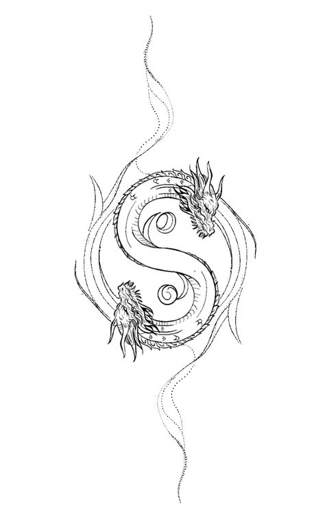 Yin Yang Dragon Drawing, Yin Yang Dragon Tattoo, Dragon Line Art, Dragon Line, Thigh Piece, Double Dragon, Japanese Dragon, Dragon Drawing, Year Of The Dragon