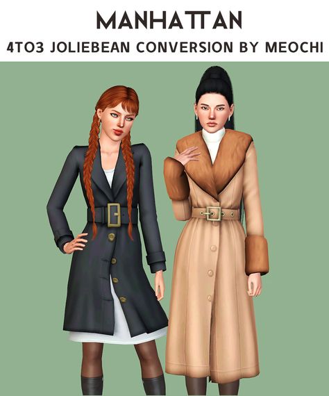 | Joliebean Manhatten set conversion | All credits go to @joliebean - These are not my meshes nor textures! Original here; AF clothing lacks in the outerwear department so contributing these gorgeo… Sims Legacy Challenge, Sims 3 Cc Clothes, Sims 3 Cc Finds, Sims 3 Mods, Sims Games, Sims 1, Sims 4 Clothing, Sims Mods, Sims 4 Mods