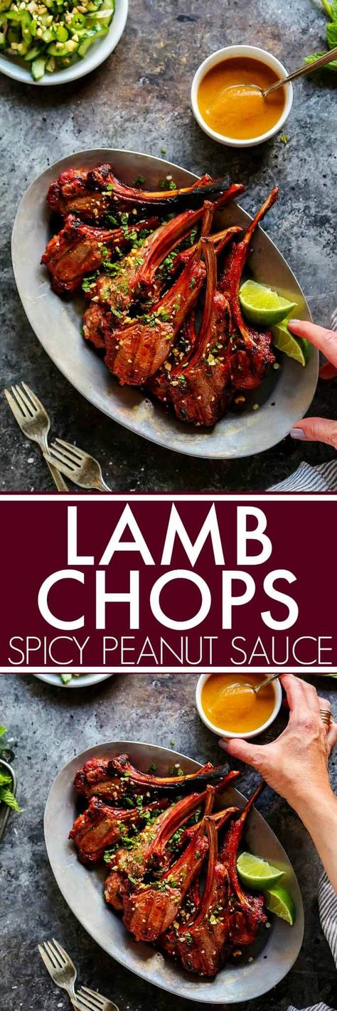 These Lamb Chops with Spicy Peanut Sauce are perfect for your next BBQ. Rich, smoky grilled lamb pairs perfectly with the creamy, tangy Thai-style spicy peanut sauce. It’s a delicious, quick and easy dinner. | platingsandpairings.com Lamb Sauce Recipes, Lamb Sauce, Lamb Dinner, Goat Recipes, Grilled Lamb Chops, Lamb Chop Recipes, Asian Beef, Spicy Peanut Sauce, Peanut Butter Sauce