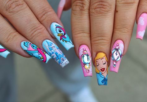 Cinderella Nails Acrylic, Disney Cinderella Nails, Cinderella Nails Disney, Disney Character Acrylic Nails, Cinderella Nails Designs Disney, Cinderella Nails Designs Simple, Cinderella Nail Art, Cinderella Nails Designs, Cinderella Inspired Nails