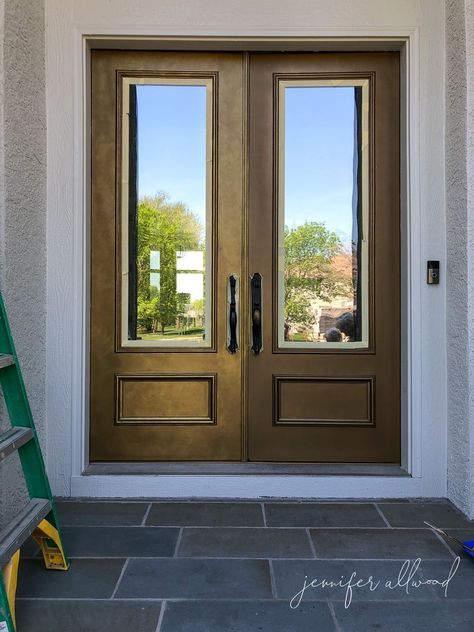 Our Gold Front Door! - The Magic Brush Inc | Jennifer Allwood | Lifestyle Influencer and Business Coach Gold Front Door, Front Door Landscaping, Jennifer Allwood, Metal Front Door, Summer Porch Decor, Gold Door, Gold Fronts, Summer Porch, Exterior Front Doors