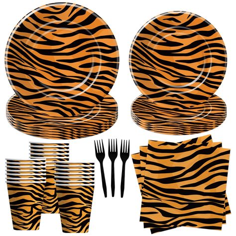 PRICES MAY VARY. 【Tiger Print Party Supplies 】This tiger print table decorations dinnerware set features a striking and vibrant tiger print design that adds a wild and fun atmosphere to the birthday celebration. The bold patterns and colors create an eye-catching and exciting theme for the party 【Serve 24 Guests】This jungle tiger print birthday decorations tableware set can accommodate up to 24 guests and includes everything you need: 24pcs 9'' Tiger Print dinner plates, 24pcs 7'' dessert plates Tiger Themed Birthday Party Decorations, Tiger Birthday Theme, Tiger Birthday Party Ideas, Kids Party Plates, Tiger Texture, Tiger Party, Tiger Birthday Party, Birthday Plates, Jungle Tiger