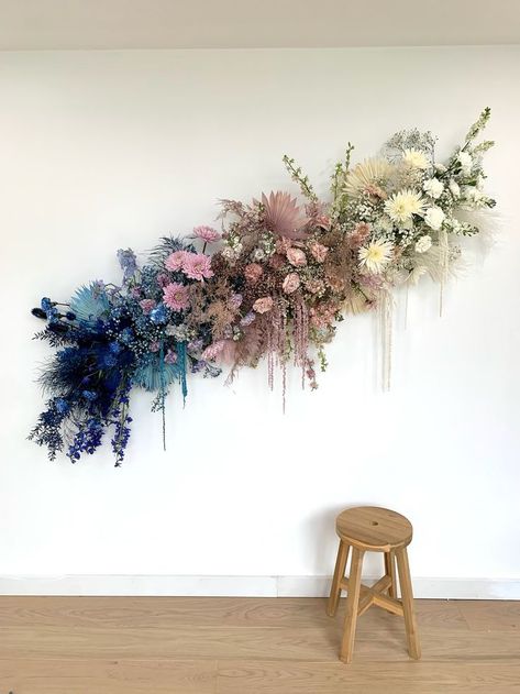 Floral Statement Wall, Artificial Flower Display Ideas Retail, Flower Wall In Bathroom, Faux Floral Wall Decor, Floral Wall Display, Fake Flowers Wall Decor, Faux Flower Wall Decor, Wall Floral Installation, Flower Accent Walls