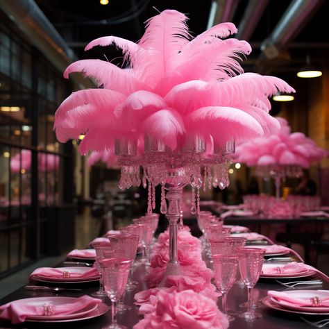 Pink Feather Table Decor, Pink Glitz And Glam Party Decorations, Pink Feather Party Decor, Barbie Galentines Party, Pink And Pearl Theme Party, Pink Friday Party, Shades Of Pink Decorations Party, Barbie Carnival Party, Barbie Party For Women