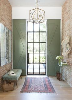 Transitional Entryway Ideas, Foyer Inspiration, Foyer Wall Decor, Transitional Entry, Transitional Entryway, Accent Wall Entryway, Wood Stair Treads, Interior Brick, Green Barn