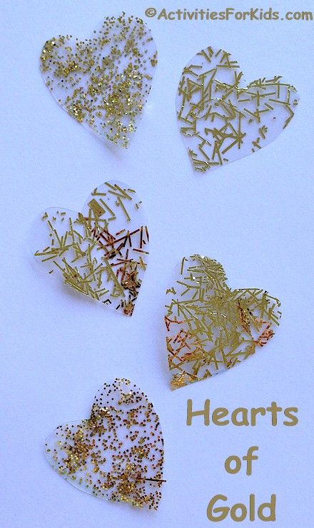 Hearts of Gold Craft for kids, heart stencils at ActivitiesForKids.com Gold Crafts For Kids, Anniversary Crafts, Golden Party, Easy Holidays Crafts, Sensory Crafts, Valentine Activities, Holiday Crafts For Kids, Church Crafts, Jewish History