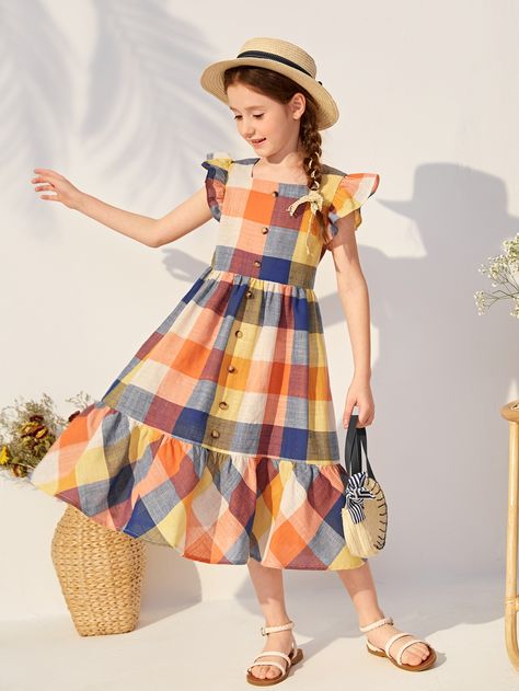 Multicolor Boho  Cap Sleeve Cotton Plaid A Line Embellished Non-Stretch Summer Girls Clothing Girls Cotton Dress, Frocks For Kids, Fancy Short Dresses, Kids Summer Dresses, Simple Frock Design, Girls Cotton Dresses, Girls Summer Dress, Girls Smocked Dresses, Kids Wear Girls