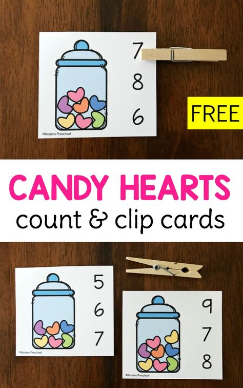 FREE printable Candy Hearts Count & Clip Cards for Valentine's Day in preschool using the numbers 0-10 to practice 1:1 correspondence, counting, number recognition, and fine motor skills! #preschool #hearts #counting Preschool Valentines Activities, Kindergarten Valentines, Math Valentines, Preschool Valentines, Valentine Activities, Winter Preschool, Number Recognition, Candy Hearts, Valentines Day Activities