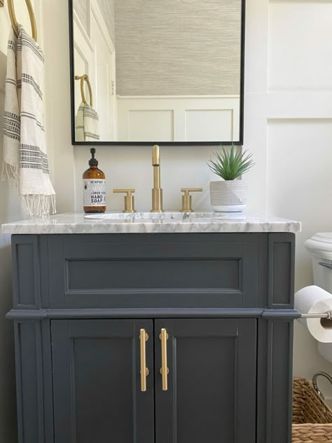 Powder Room Makeover Small Modern, Modern Farmhouse Powder Bath, A Thoughtful Place Blog, Master Bath With Black Cabinets, Farmhouse Powder Room Vanity, Powder Room Dark Vanity, Powder Room Moulding Ideas, Bathrooms With Brown Cabinets, Bathroom Powder Room Ideas