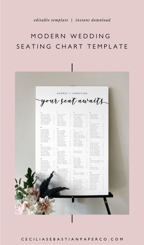 @cecilia.sebastianpaperco | ceciliasebastianpaperco.com | Show your guests to their seats in style with our Modern Bold Wedding Seating Chart. Easy to personalize with details from your big day, this easy-to-edit template features a romantic script font. Modern Romantic Wedding Seating Chart Template, Modern Calligraphy Reception Seating Plan Sign, Alphabetical Name Seating Chart Sign Seating Plan Sign, Romantic Script Fonts, Modern Romantic Wedding, Seating Chart Sign, Wedding Seating Chart Template, Place Card Table Wedding, Wedding Hashtag Sign, Printable Wedding Menu, Diy Wedding Stationery