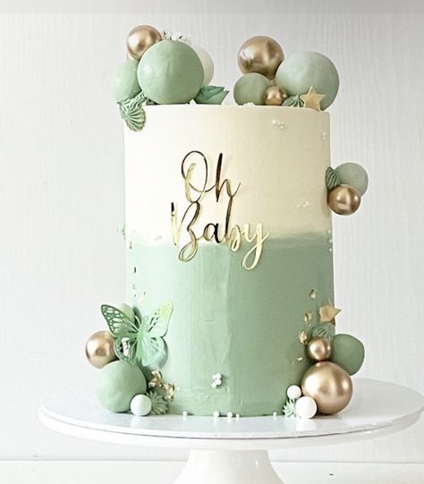 Sage Green Gender Reveal Cake, Sage Green Christening Decor, Green Gender Reveal Cake, Baby Shower Cake Green And Gold, Olive Green Baby Shower Cake, Green White Gold Cake, Sage Green And Pink Cake, Sage Green And Gold Cake, Green Baby Shower Cakes