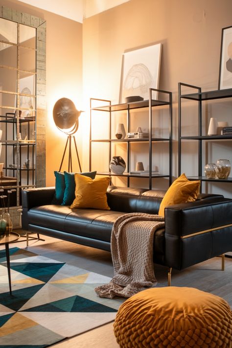 Modern living room with a black leather sofa, colorful cushions, geometric rug, and decorative shelving units. Small Apartment Living Room Black, Living Room Black Leather Couch, Leather Couch Black, Black Leather Sofa Living Room Decor, Black Leather Sofa Living Room, Traditional Couch, Black Leather Couch, Modern Bedroom Colors, Black Leather Sofa