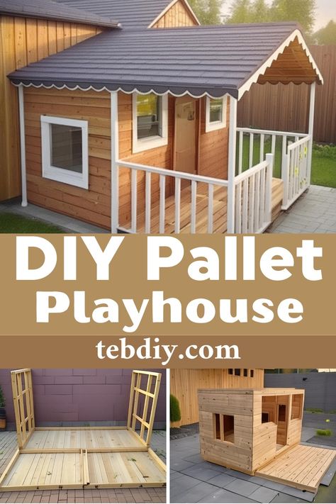 Cheap DIY Pallet Playhouse Project For Little Girls Build A Playhouse On A Budget, Diy Kids Playhouse Outdoor Easy, Easy Playhouse Plans, Homemade Playhouse, Pallet Playhouse Diy Easy, Diy Playhouse Outdoor, Diy Pallet Playhouse, Diy Wooden Playhouse, Playhouse Plans Diy