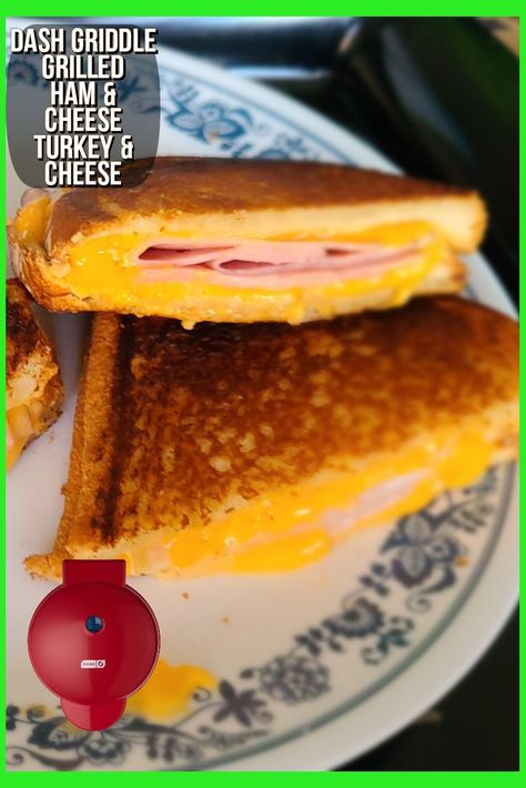 Picture of golden crispy grilled ham and cheese sandwich and turkey and cheese sandwich Mini Maker Griddle Recipes, Dash Mini Grill Recipes, My Mini Griddle Recipes, Dash Appliance Recipes, Mini Dash Griddle Recipes, Mini Griddle Maker Recipes, Mini Grill Recipes, Dash Mini Griddle Cookie Recipe, Dash Griddle Recipes